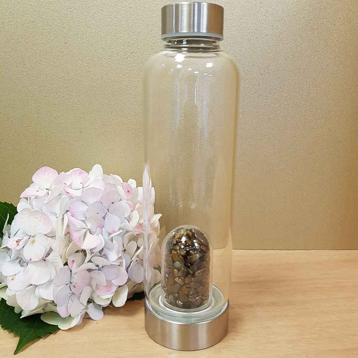 Gold Tigers Eye Crystal Chip Energy Water Bottle (approx. 500ml capacity Domed Chamber with Neoprene Sleeve)