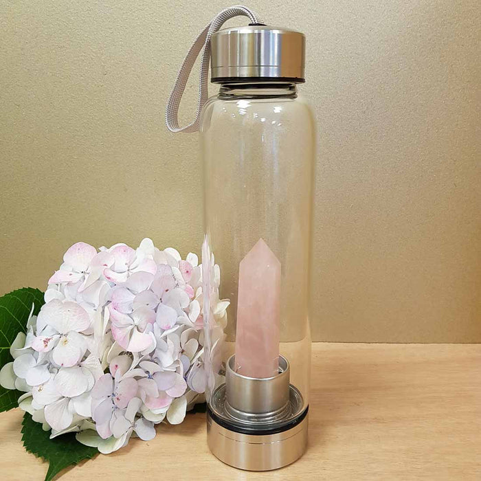 Rose Quartz Point Energy Water Bottle (assorted approx. 500ml capacity with Neoprene Sleeve)