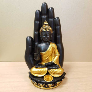 Black & Gold Buddha in Hand Incense Holder (approx 23x13cm)