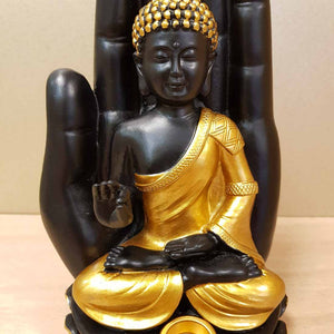 Black & Gold Buddha in Hand Incense Holder (approx 23x13cm)