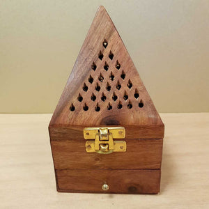 Sheesham Wood Cone Shaped Resin Charcoal or Incense Burner (approx. 15x8.5x8.5cm).