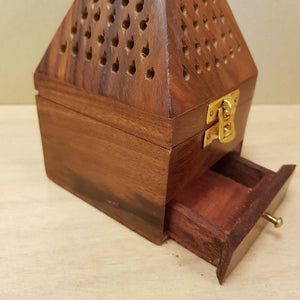 Sheesham Wood Cone Shaped Resin Charcoal or Incense Burner (approx. 15x8.5x8.5cm).