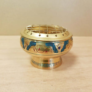 Brass Engraved Charcoal Resin Burner with Green.