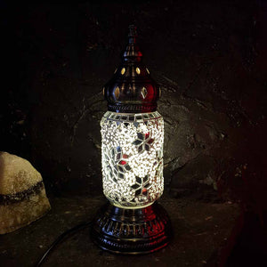 Silver & White Cylinder Turkish Style Mosaic Lamp (approx. 32x13x13cm)