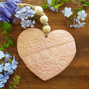 Pink Aroha Ceramic Heart with Wooden Beads. (approx. 30x17cm incl. string)
