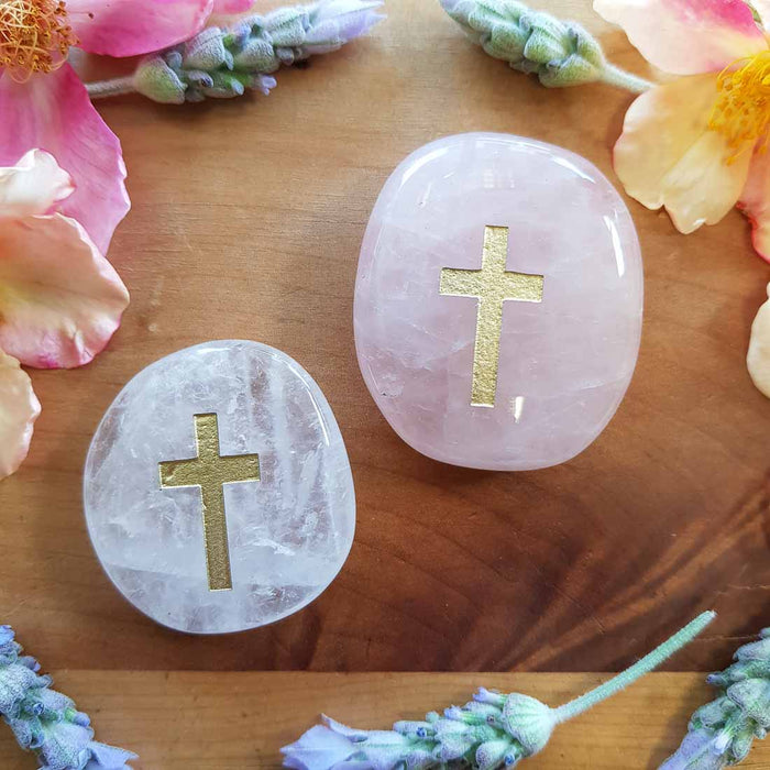 Rose Quartz Gold Cross Flatstone (assorted. approx. 4x4cm)