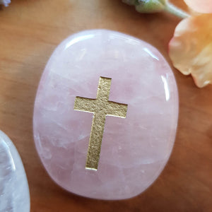 Rose Quartz Gold Cross Flatstone