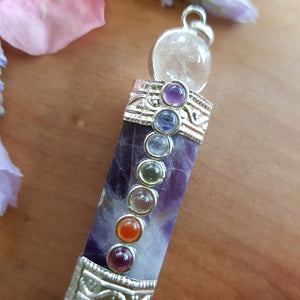 Amethyst Chakra Wand Pendant. (assorted. set in silver metal)
