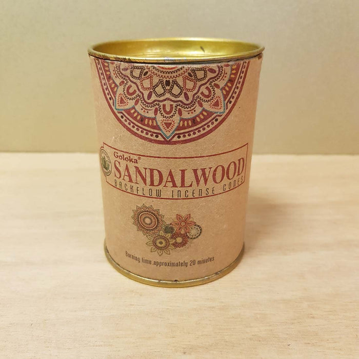 Sandalwood Backflow Incense Cones in a Tin (Goloka 24 cones approx. burn time of 20 mins)