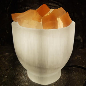 Selenite Fire Bowl Lamp. (assorted approx. 15x13cm)