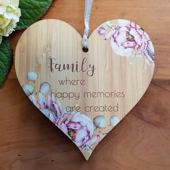 Family Where Happy Memories Heart Wall Plaque. (approx. 15x15cm)