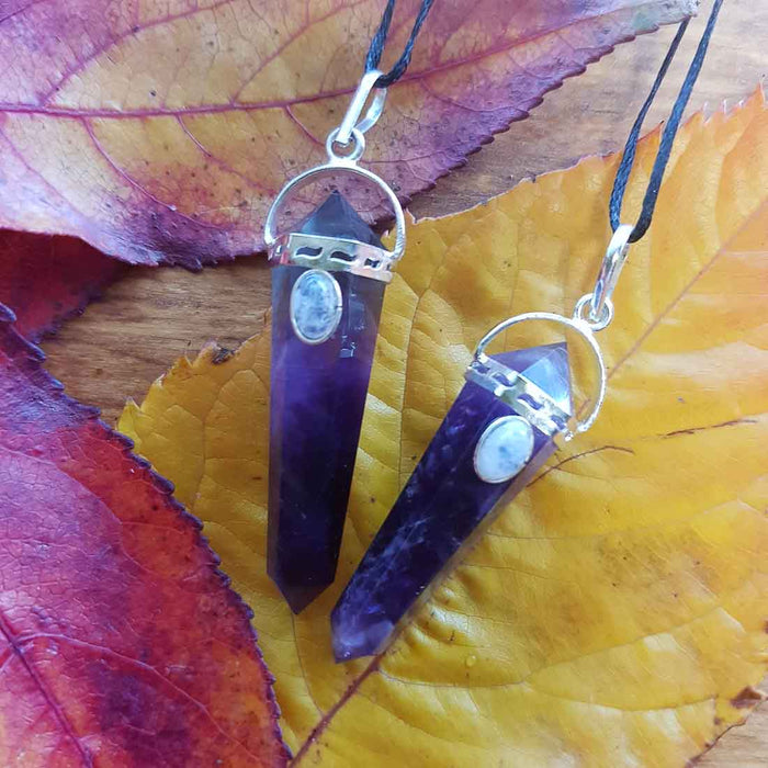 Amethyst Point Pendant with Moonstone  (assorted. set in silver metal)