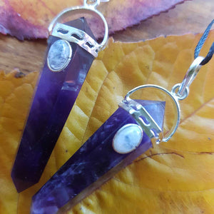 Amethyst Point Pendant with Moonstone  (assorted. set in silver metal)
