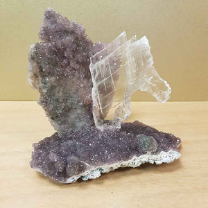 Selenite Shard Mounted on Amethyst Druzy. (this is not a natural formation it has been constructed) approx. 13x15x9cm