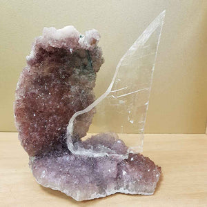 Selenite Shard Mounted on Amethyst Druzy. (this is not a  natural formation it has been constructed) approx. 19x18x13cm