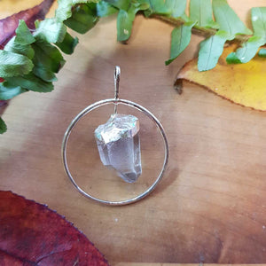 Clear Quartz Point Hoop Pendant. (assorted. set in silver metal)