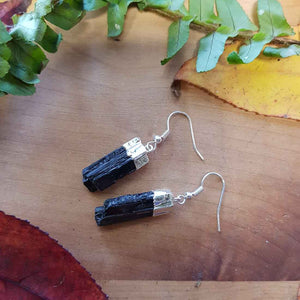 Black Tourmaline Rod Earrings Dipped in White Metal (assorted)