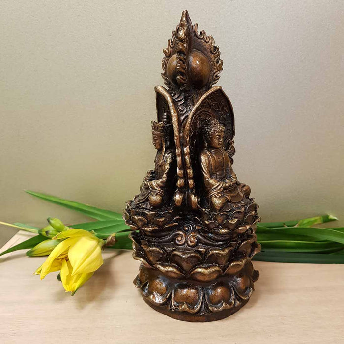 Bronze Look Buddhas on Lotus Leaves. (approx. 13X13X25cm)
