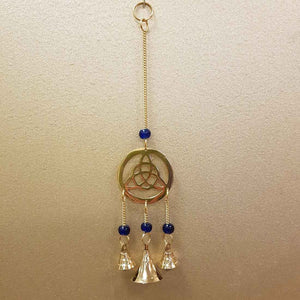 Triquetra Hanging Bells with Blue Beads. (brass)