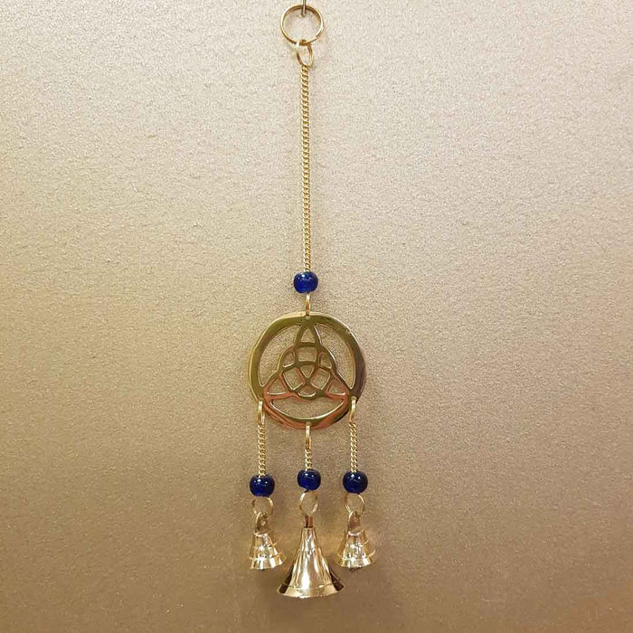 Triquetra Hanging Bells with Blue Beads (brass. approx. 23x5cm)