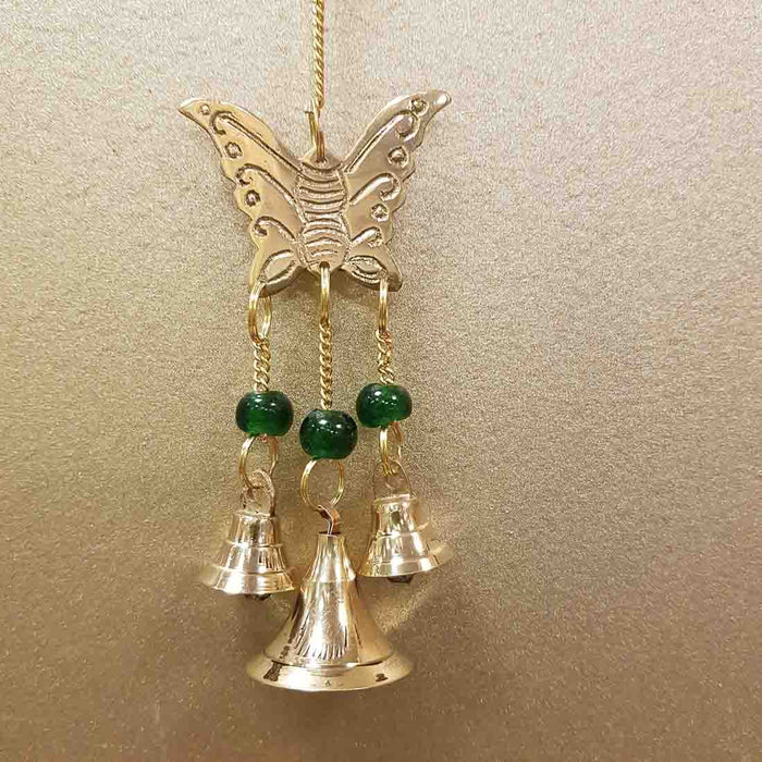 Butterfly Hanging Bells with Green Beads (brass. approx. 23x5cm)