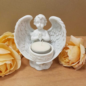 Praying Cherub Angel with Cross Candle Holder. (approx 27cm)