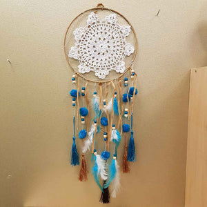 Pompom Dreamcatcher in Teal and White