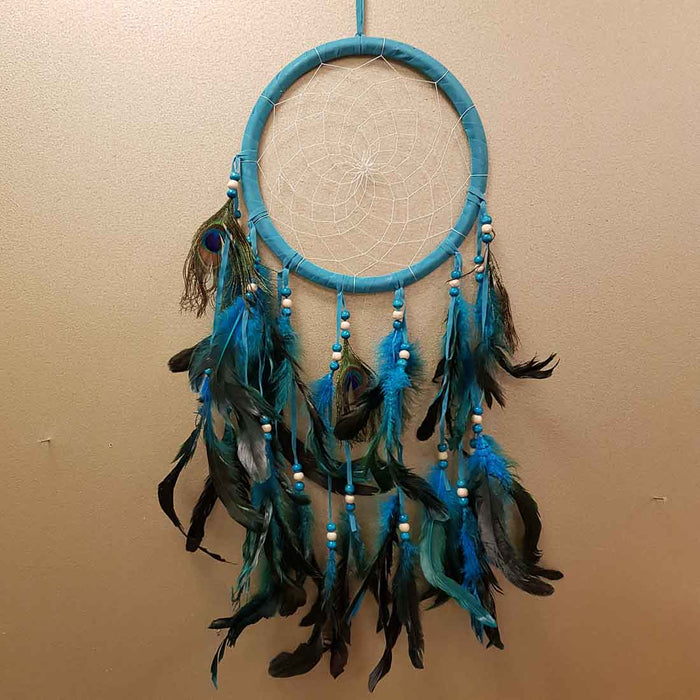 Teal Peacock Feather Dream Catcher (approx. 21.5cm diameter)