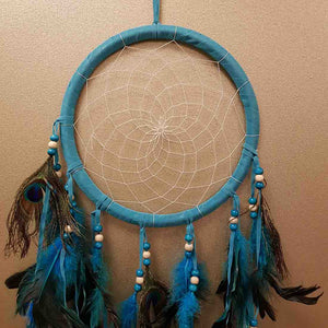 Teal Peacock Feather Dream Catcher (approx. 21.5cm diameter)
