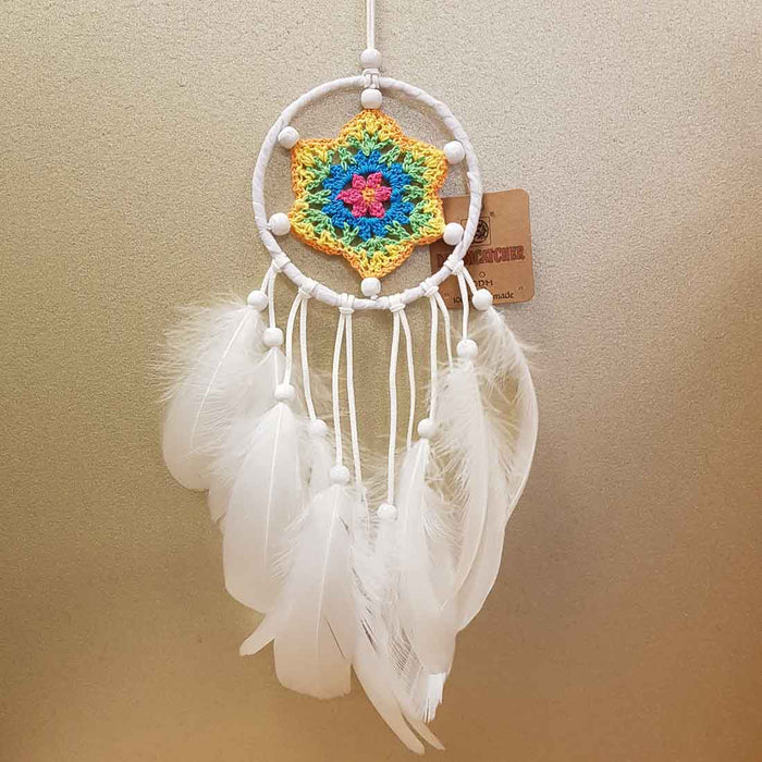 White Dream Catcher with Colourful Crocheted Web (approx. 11cm diameter)