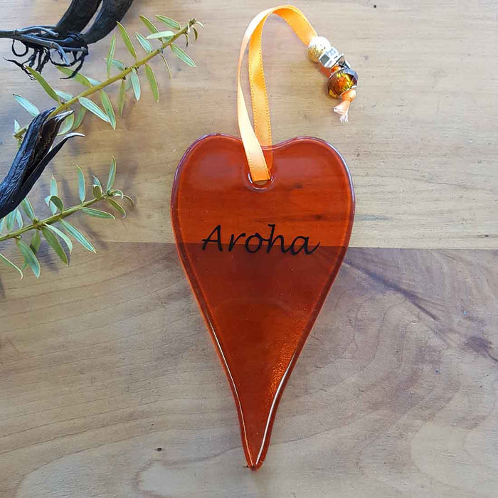 Orange Aroha Glass Heart. (approx. 13x7cm)