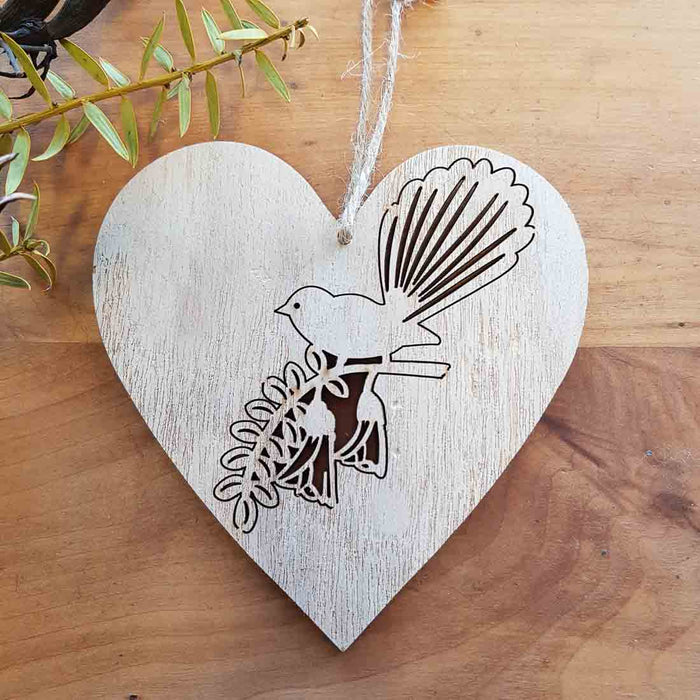 Fantail (Piwakawaka) on Wooden Heart Hanging. (approx. 12x12cm)