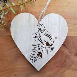 Tui Pair on Wooden Heart Hanging. (approx. 12x12cm)