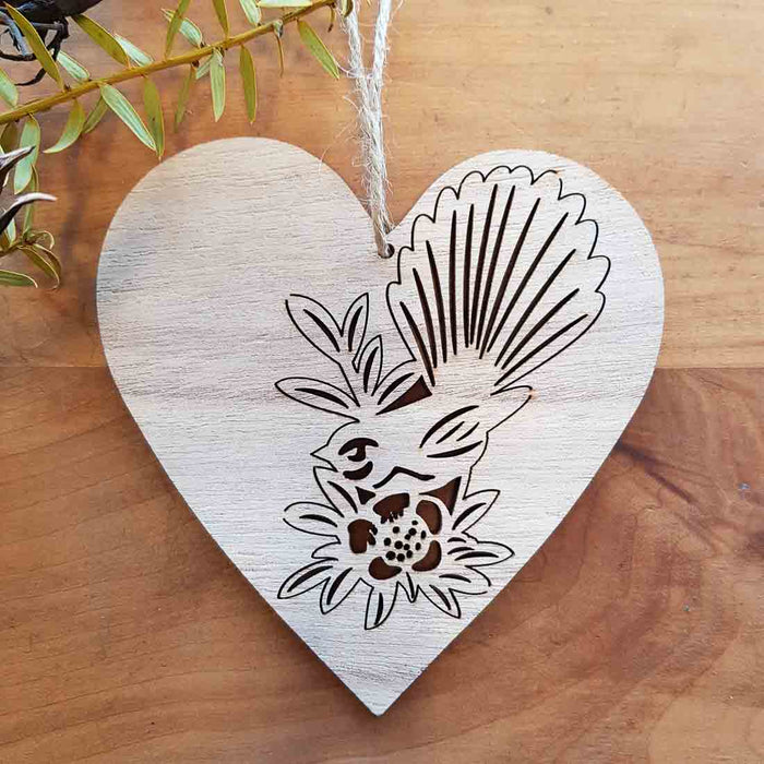 Fantail (Piwakawaka) on Wooden Heart Hanging. (approx. 12x12cm)