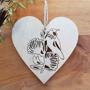 Tui on Wooden Heart Hanging. (approx. 12x12cm)