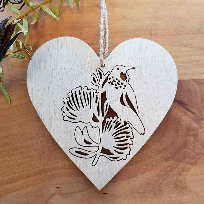 Tui on Wooden Heart Hanging. (approx. 12x12cm)