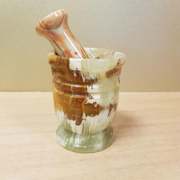 Marble Onyx aka Banded Calcite Mortar & Pestle (approx. 9-10x7x7cm)