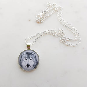 Wolf Pendant with Chain (silver metal & glass)
