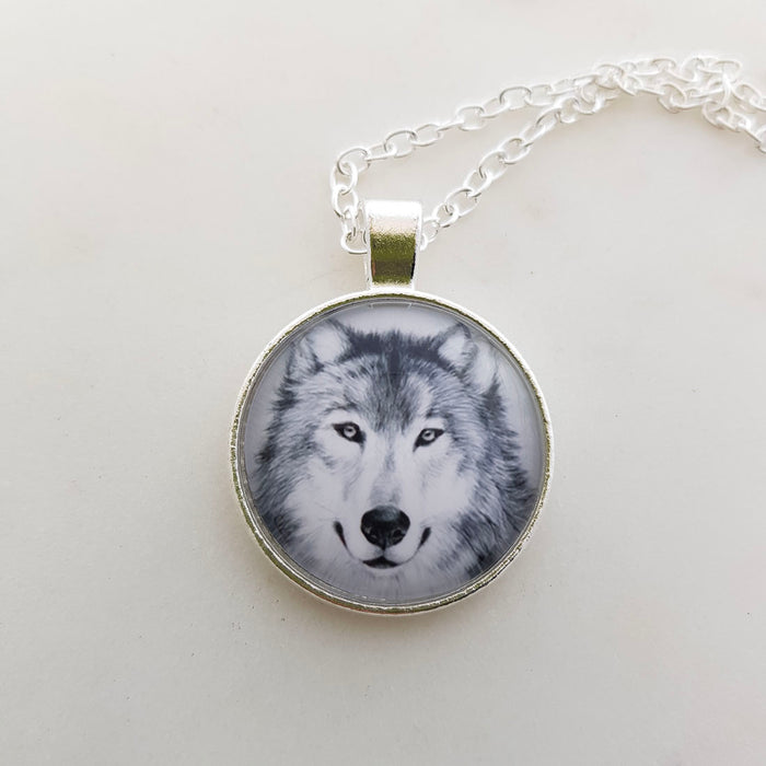 Wolf Pendant with Chain (silver metal & glass)