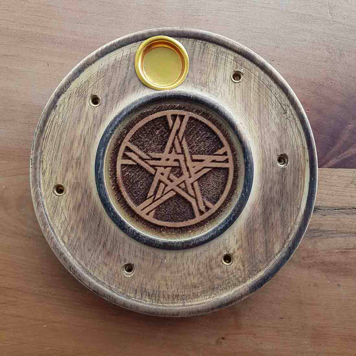 Pentacle Round Wooden Incense Holder (approx 10cm)