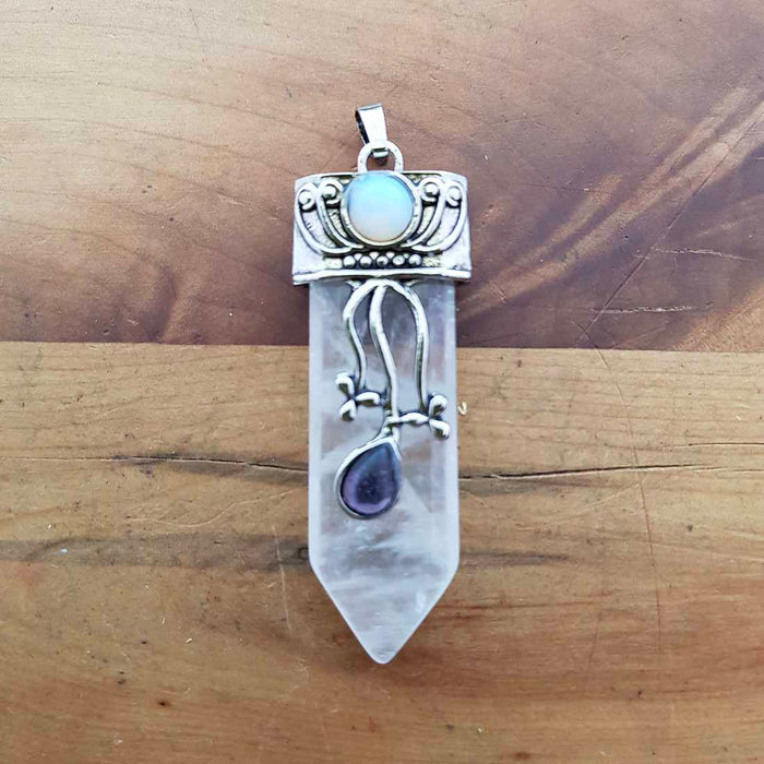 Clear Quartz Pendant with Amethyst & Opalite Cabochons (assorted. set in silver metal)