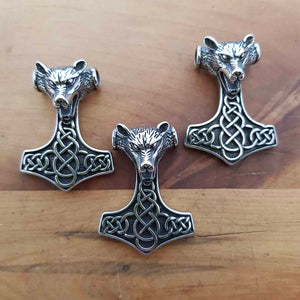 Thor's Hammer with Wolf's Head Pendant (stainless steel)