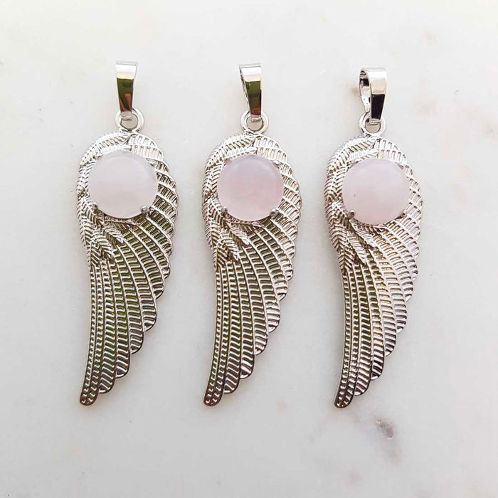 Rose Quartz Angel Wing Pendant (assorted. set in silver metal)