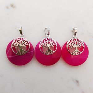 Pink Dyed Agate with Tree of Life Pendant