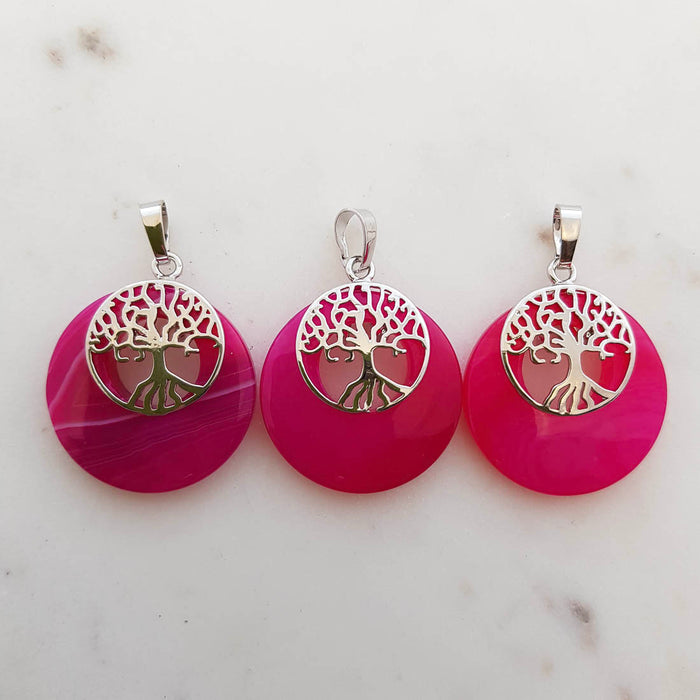 Pink Dyed Agate with Tree of Life Pendant (assorted. silver metal)