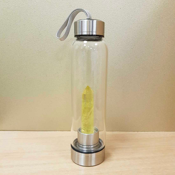 Lemon Quartz Point Energy Water Bottle. (assorted approx. 500ml capacity with Neoprene Sleeve)