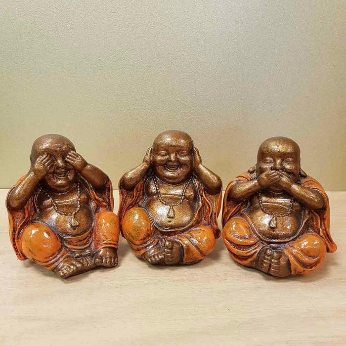 Set of 3 See Hear Speak No Evil Buddhas (orange. approx. 10x8cm each)