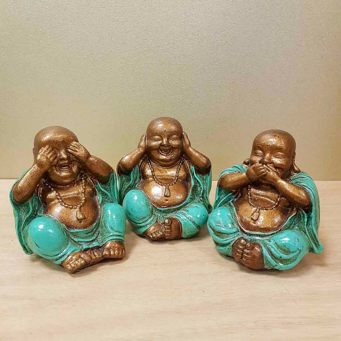 Set of 3 See Hear Speak No Evil Buddhas (Turquoise. approx. 10x8cm each)