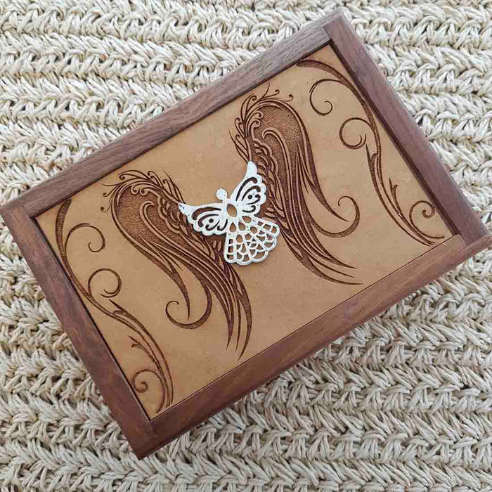 Carved Wooden Box with Angel (approx. 6x18x12.5cm)