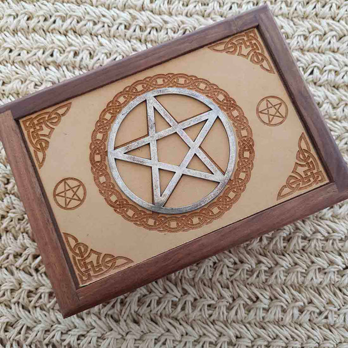 Carved Wooden Box with Pentacle (approx. 6x18x12.5cm)